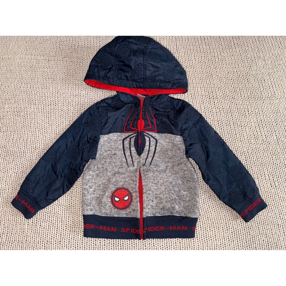 Marvel Spiderman Boys Zip Up Hoodie Navy Grey Quilted Mixed Media Jacket 4T
